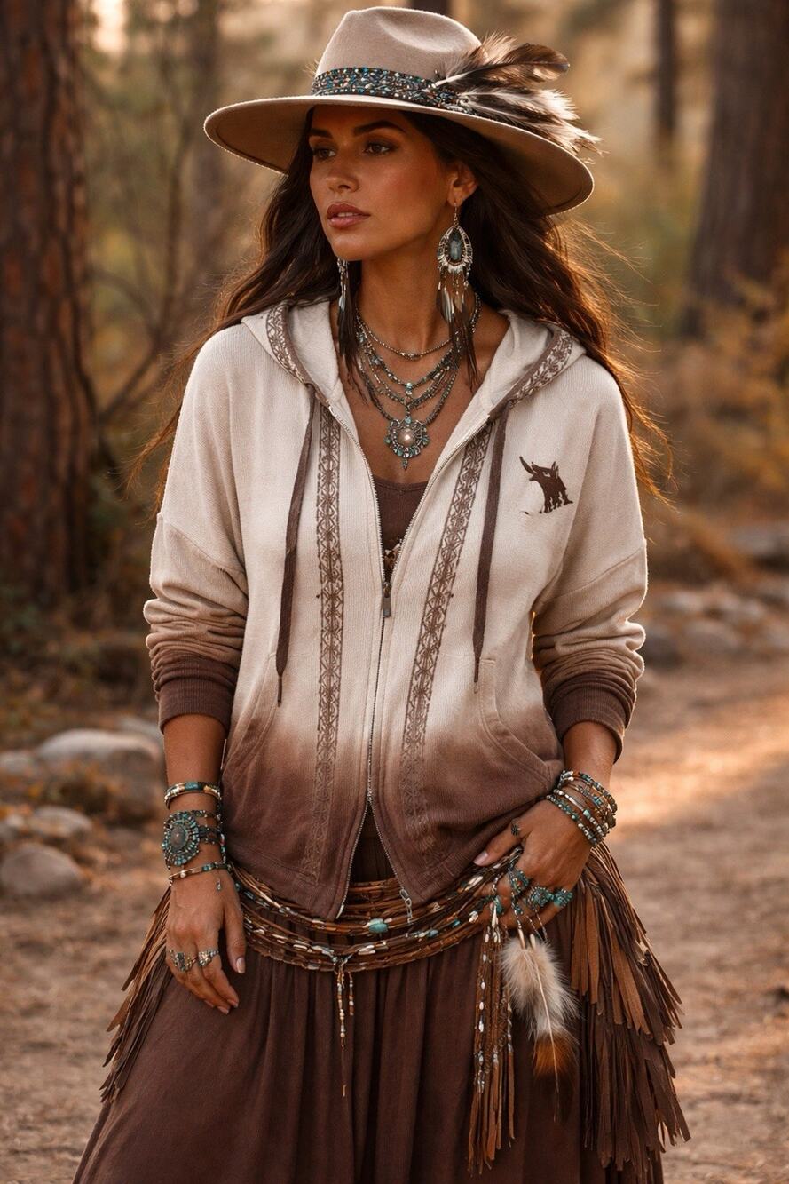 Western Boho Ombré Hoodie, Jacket Wolf Graphic, Southwestern, Tribal Large - Picture 1 of 15